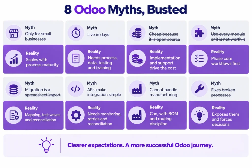 Eight common Odoo ERP myths and the reality.