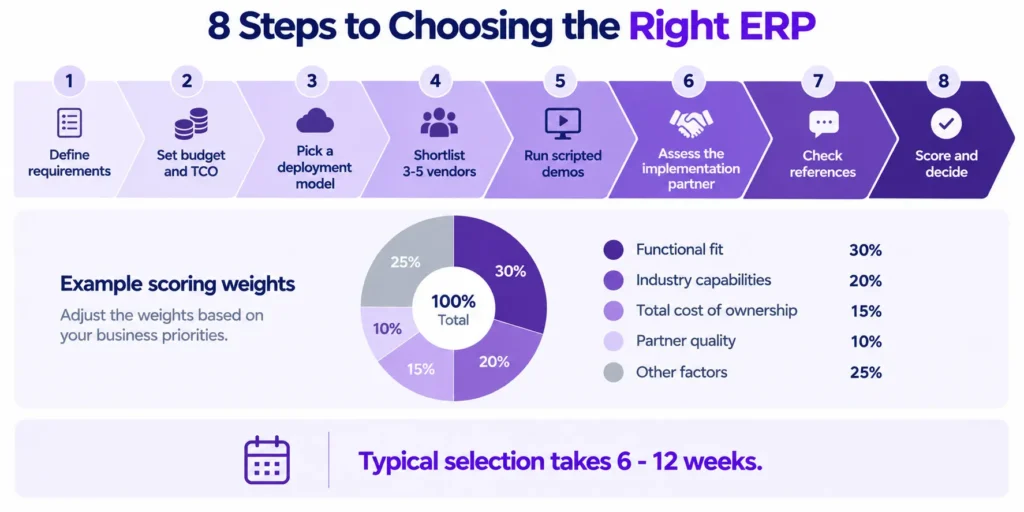 Eight-step ERP selection process with example scoring weights.