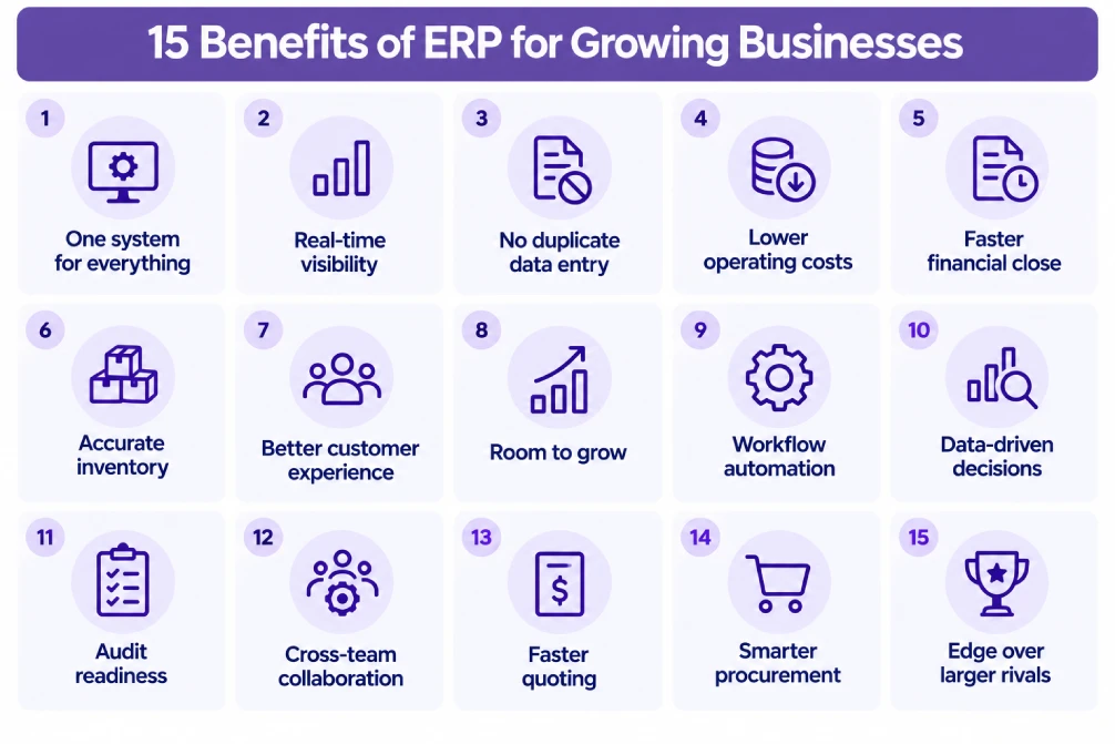 Fifteen benefits of ERP systems for small and mid-size businesses.