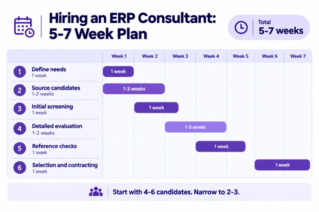 Five to seven week timeline for hiring an ERP consultant.