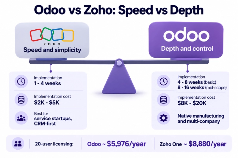 Trade-off between Zoho's speed and Odoo's depth.