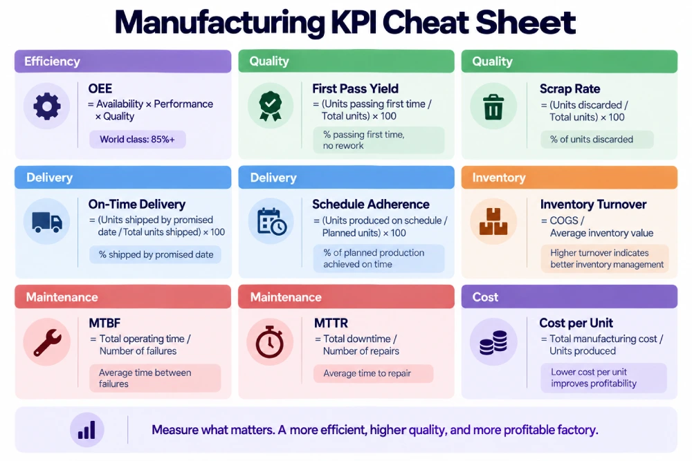 Cheat sheet of nine manufacturing KPIs and their formulas.
