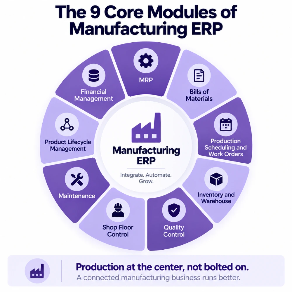 Nine core modules of a manufacturing ERP system.