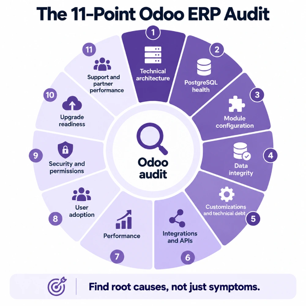 Eleven areas covered in an Odoo ERP audit.