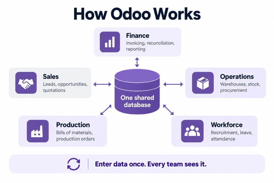 Diagram of Odoo modules connected through one shared database.