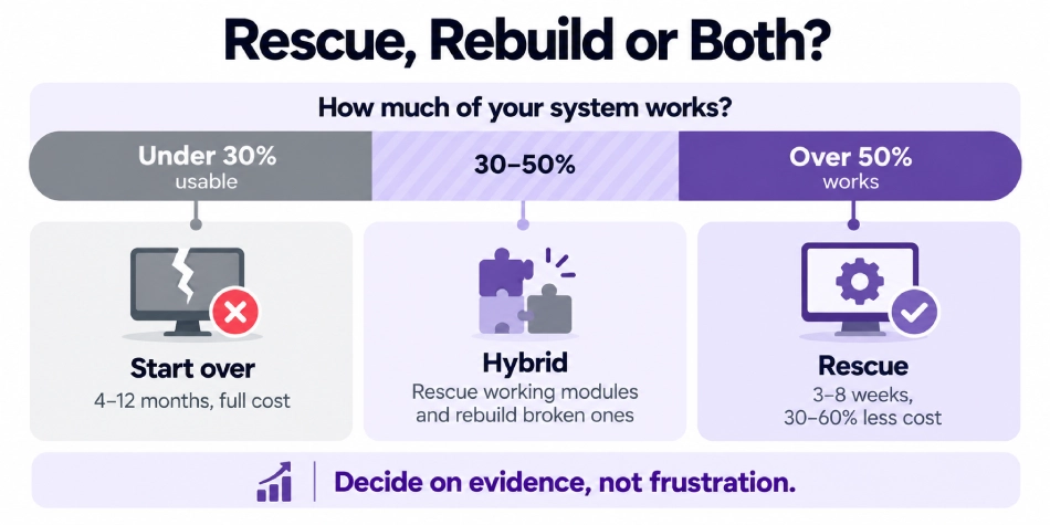 Spectrum for deciding between Odoo rescue, hybrid and starting over.