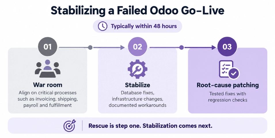 Three-phase, 48-hour Odoo go-live rescue process.